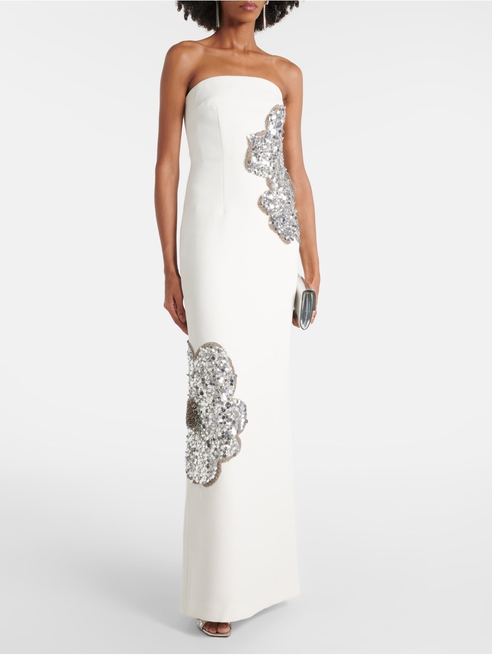 Badgley Mischka White Strapless Gown with Silver Sequin Appliqués
